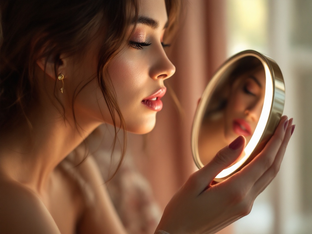 A woman studying her own lips thoughtfully in a softly lit handheld mirror