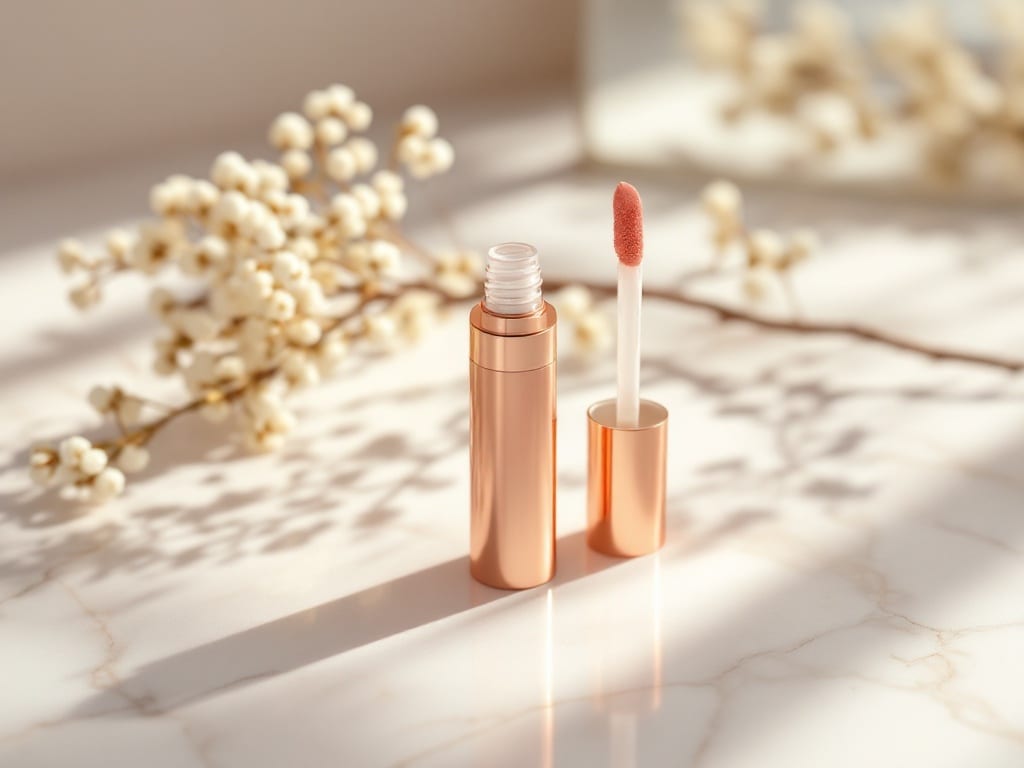 A glossy lip plumper tube and clear gloss wand on a marble vanity in soft daylight