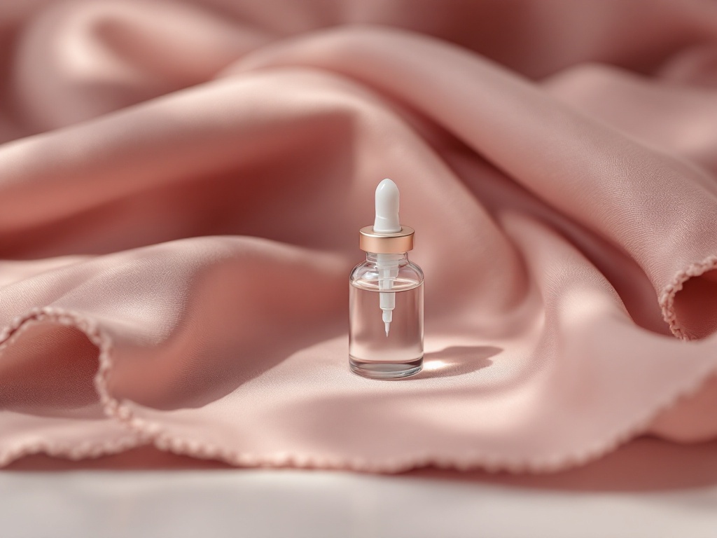 A clear glass dermal-filler vial and a fine syringe on a soft mauve cloth in studio light