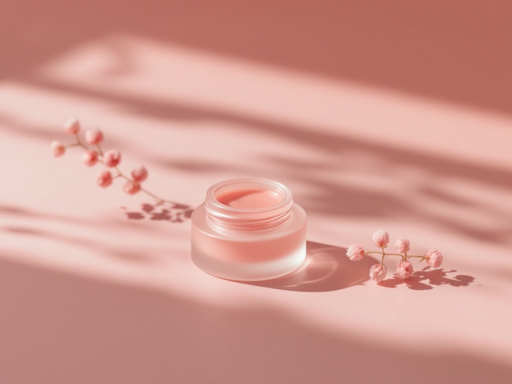 A frosted-glass lip balm jar and a sprig of botanicals on a clean mauve surface