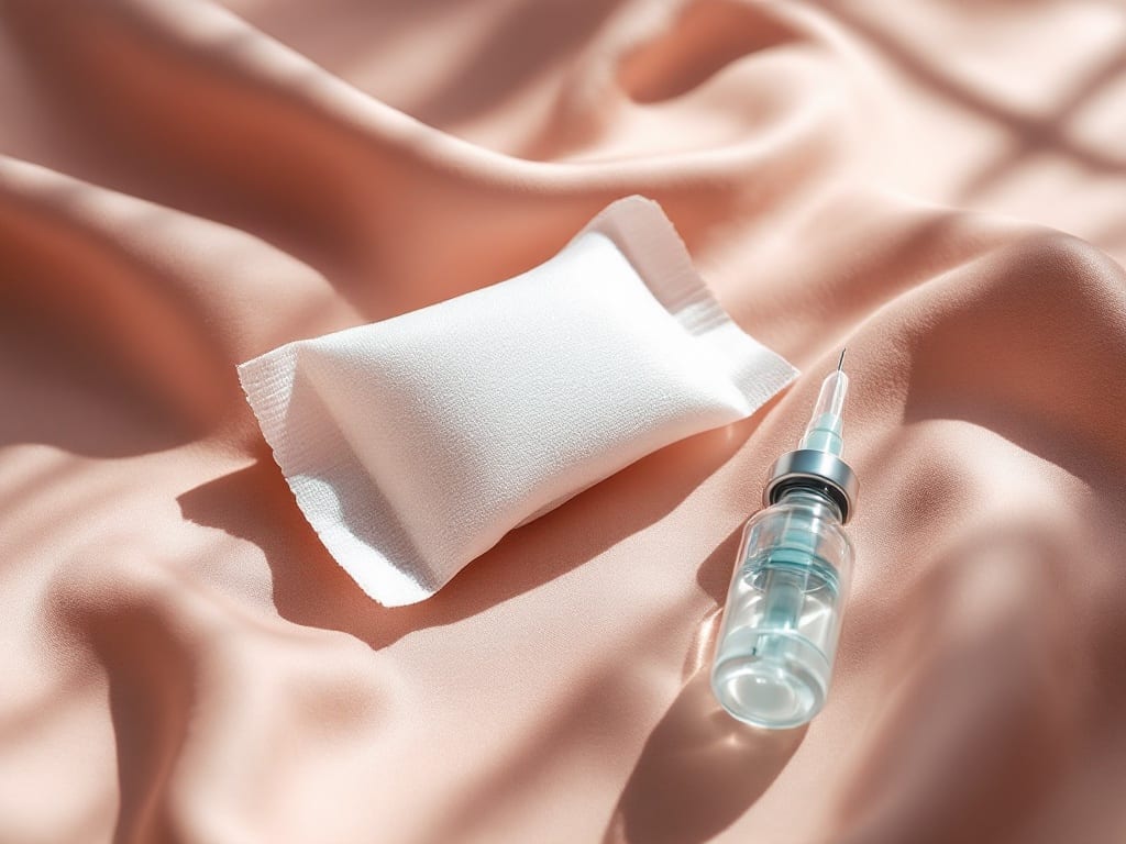 A gauze-wrapped cool compress beside a glass filler vial and fine syringe on dusty-rose linen