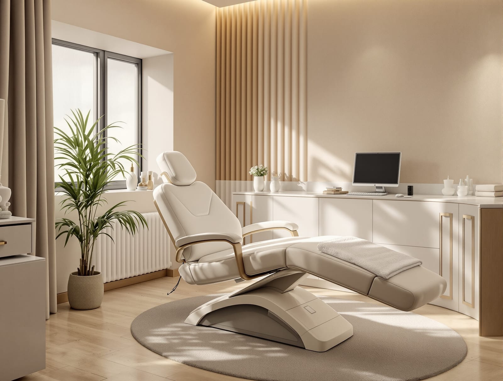 A calm modern plastic surgery consultation room with a treatment chair and soft window light