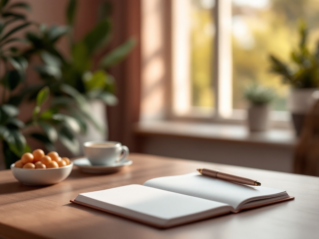 A calm consultation desk with an open notebook and pen in soft natural window light
