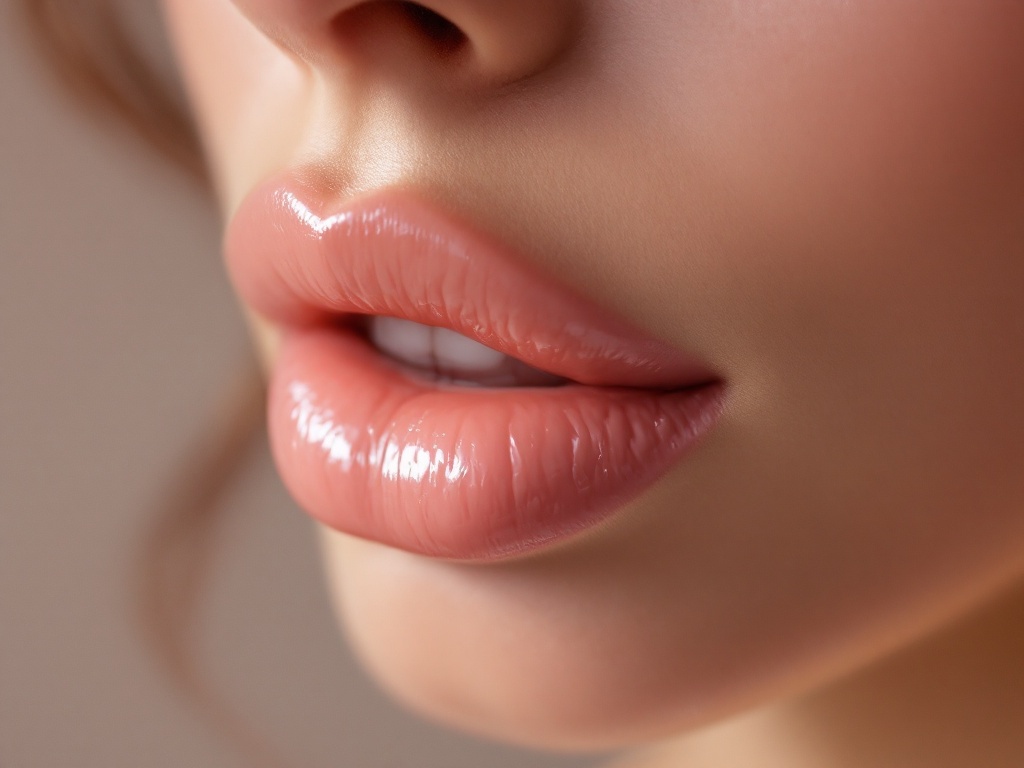Close up of elegant natural lips with soft gloss in studio light